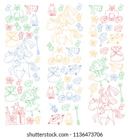 Princess vector patterns. Cute little princess with unicorn and dragon. Castle for little girl, dress, magic wand. Fairy tale icons with crown and frog. Fantasy illustration