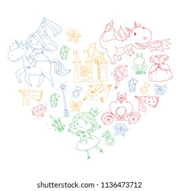 Princess vector patterns. Cute little princess with unicorn and dragon. Castle for little girl, dress, magic wand. Fairy tale icons with crown and frog. Fantasy illustration
