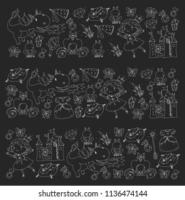 Princess vector patterns. Cute little princess with unicorn and dragon. Castle for little girl, dress, magic wand. Fairy tale icons with crown and frog. Fantasy illustration