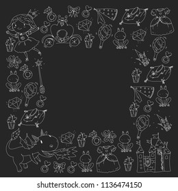 Princess vector patterns. Cute little princess with unicorn and dragon. Castle for little girl, dress, magic wand. Fairy tale icons with crown and frog. Fantasy illustration