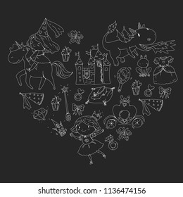 Princess vector patterns. Cute little princess with unicorn and dragon. Castle for little girl, dress, magic wand. Fairy tale icons with crown and frog. Fantasy illustration