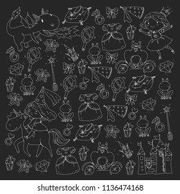 Princess vector patterns. Cute little princess with unicorn and dragon. Castle for little girl, dress, magic wand. Fairy tale icons with crown and frog. Fantasy illustration