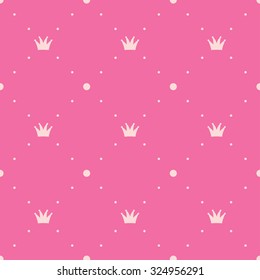 Princess vector pink background, polka dot pattern with crowns. Vintage seamless texture. Geometric shapes