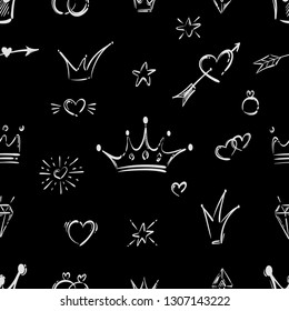 Princess vector seamless pattern with crown, star, heart, arrow, dress and others. Abstract background for your design.