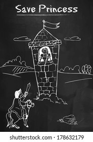 Princess Waiting Inside Of Tower Drawing on Blackboard