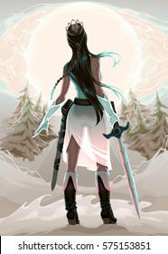 Princess warrior in the wood. Vector fantasy illustration