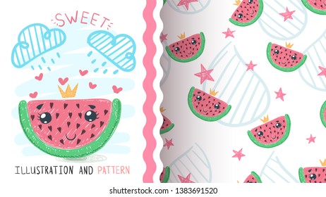 Princess watermelom fruit - seamless pattern. Hand draw