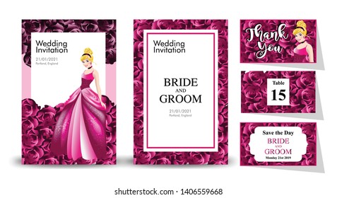 Princess Wedding and Birthday Invitation Card Template Set. Princess in pink gown with Rose Flower Background. Wedding Card Template - Vector
