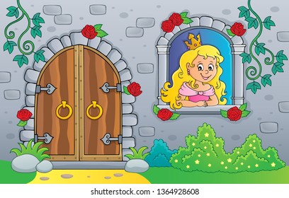 Princess in window and old door - eps10 vector illustration.