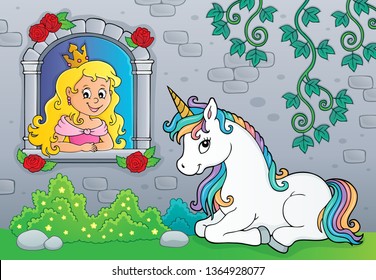 Princess in window and unicorn theme 1 - eps10 vector illustration.