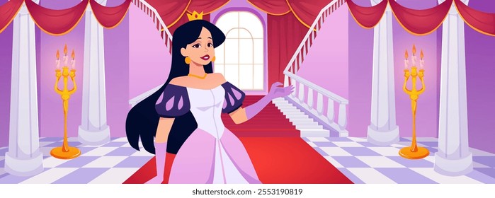 Princess woman in gold crown invites in medieval castle. Royal palace interior with pillars and candles, staircase with red carpet, curtains. Kingdom architecture design. Vector flat illustration