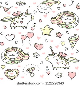 Princess world doodle cartoons kit. Vector clip art magic fairy tale icons. Seamless kids background.