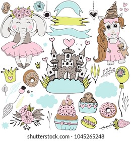 Princess world. Hand drawn vector set with unicorn, cakes, sweets, flowers, castle, toys, romantic elements. Cute background for children's room, cartoon illustration.