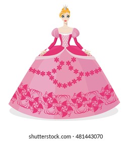 A princess. Young beautiful girl with long blond hair in a pink ball dress.