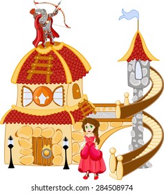 The princesses, armored soldier with archery set and cartoon castle with spiral staircase