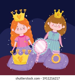 princesses with crown mirror ring magic tale cartoon vector illustration