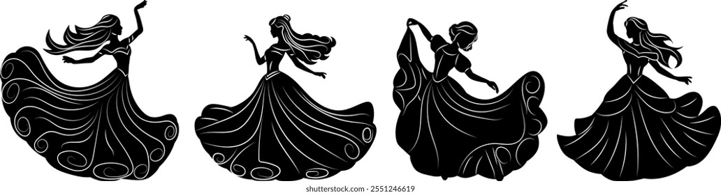 Prinzessinnen tanzen in Ballkleid Silhouette Vektor