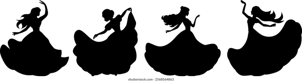 princesses dancing silhouette set, vector on white background