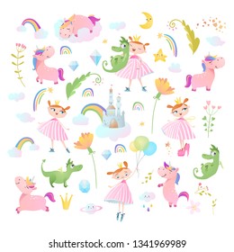 Princesses, dragons and unicorns. Vector collection. 