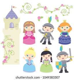 Princesses, Knights, Castle Tower with Rose Vine Fairy Tale Fantasy Design Elements Set Vector Flat Illustration Isolated on White