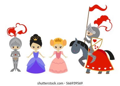 Princesses and knights: knight on horseback knight with a sword, a Princess in pink and blue dresses