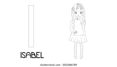 Princesses with names, alphabet letters for coloring. Name Isabel. Font sans serif.