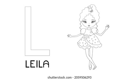 Princesses with names, alphabet letters for coloring. Name Liela. Font sans serif.