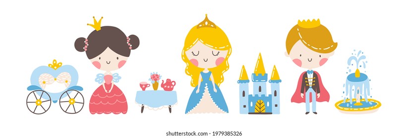 Princesses and prince set with a castle, carriage, tea table. Cute girl and boy characters. Vector illustration in simple hand-drawn Scandinavian style in pastel palette for printing baby clothes