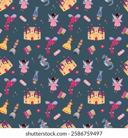 Princesses. Seamless pattern with princesses, castle, fairy, dragon, knight, prince
