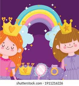 princesses tale cartoon with crown mirror rainbow and ring vector illustration