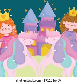 princesses tale cartoon unicorn castle magic imagination vector illustration