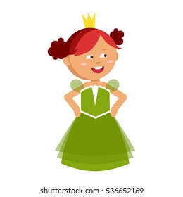 Princesses vector cute beautiful characters. Adorable elegance style little fairy red hair girl. Old time fashion cartoon costume, crowns and magic fantasy