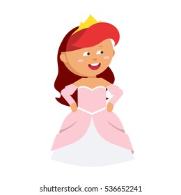 Princesses vector cute beautiful characters. Adorable elegance style little fairy red hair girl. Old time fashion cartoon costume, crowns and magic fantasy