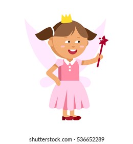 Princesses vector cute beautiful characters. Adorable elegance style little fairy brown hair girl. Old time fashion cartoon costume, crowns and magic fantasy