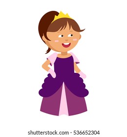 Princesses vector cute beautiful characters. Adorable elegance style little fairy brown hair girl. Old time fashion cartoon costume, crowns and magic fantasy