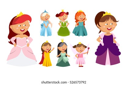 Princesses vector set cute collection of beautiful characters. Adorable elegance style little fairy girls. Old time fashion cartoon costume, crowns and magic fantasy