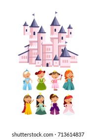 Princesses vector set cute collection of beautiful characters. Adorable elegance style little fairy girls. Vector illustration of a cute pink castle.