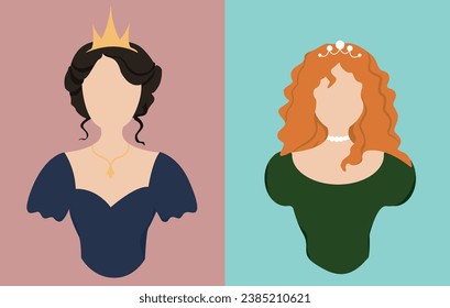 Princesses. Women with a crown. Silhouettes of girls in dresses. Vector illustration in flat style