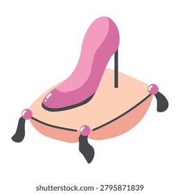Princess-inspired glass slipper display featuring a pink high heel shoe resting on a decorative royal cushion.