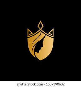 Princess/Queen shield logo. Logo vector of woman silhouette with gold crown in shield shape, beauty care and fashion logo element, golden shield icon/symbol