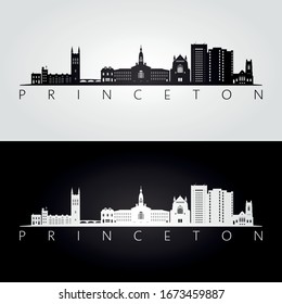 Princeton, New Jersey USA skyline and landmarks silhouette, black and white design, vector illustration.  