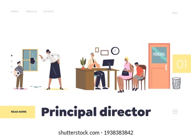 Principal Director Concept Of Landing Page With School Teachers Scolding Pupils And Meeting With Parents Of Kids With Bad Behavior. Flat Vector Illustration