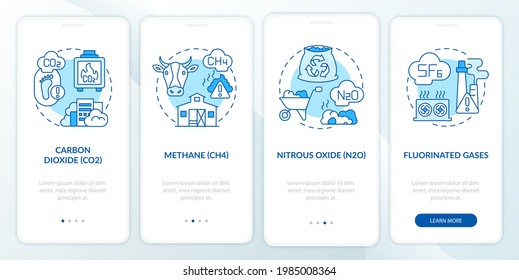 Principal greenhouse gases onboarding mobile app page screen with concepts. Carbon dioxide, CH4 walkthrough 4 steps graphic instructions. UI, UX, GUI vector template with linear color illustrations