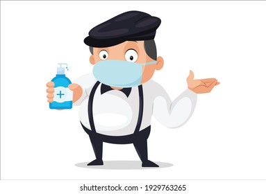 Principal is holding sanitizer in hand and wearing mask. Vector graphic illustration. Individually on white background.