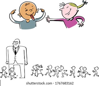 Principal with kids, boy and girl playing perfect for logos isolated on white background
