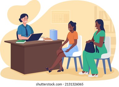 At principal office 2D vector isolated illustration. High school student with parent flat characters on cartoon background. Official appointment colourful scene for mobile, website, presentation