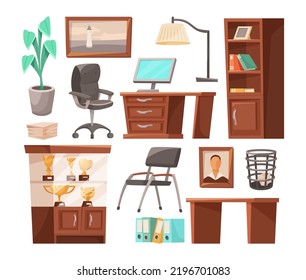 Principal office interior elements vector illustrations set. Desk or table for director room, cupboard or stand with trophies isolated on white background. School, workplace, furniture concept