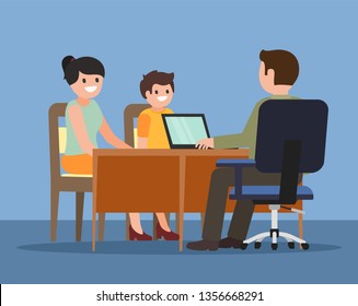 Principal office. Young woman with son during teacher-parent meeting at school. Mom with her child and school principal. Vector illustration