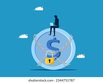 Principal protection. Businessman and coin locked by padlock 