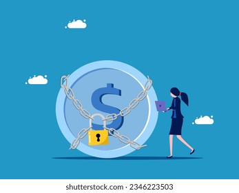 Principal protection. Businesswoman and coin locked by padlock 